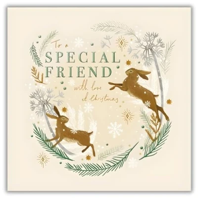 Image of Friend Christmas Card Special Hares and Snowflakes Artistic Festive Design by Charlotte Oakley Made in the UK Eco Friendly