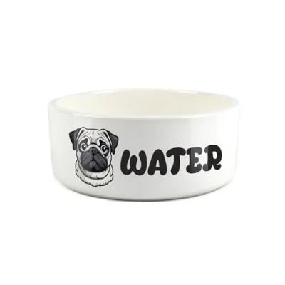 Image of Pug Pet Bowl Cartoon Dog Portrait Large Ceramic Water Novelty White Dish For Dogs