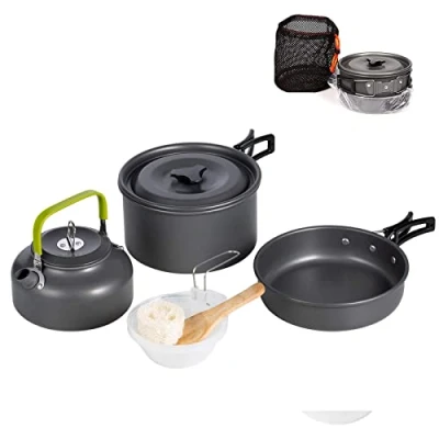 Image of Outdoor Camping Cookware Mess Kit, with Folding Cookset Teapot and Pans Set, Non Stick Lightweight Pots, Mesh Storage Bag for Camping, Backpacking, Cooking