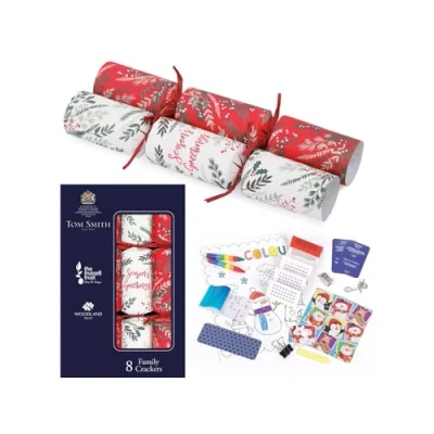 Image of Pack 8 Tom Smith Charity Family Christmas Crackers Red &amp; White Holly Ivy &#039;Season&#039;s Greetings&#039;