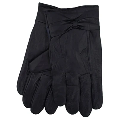 Image of RJM Ladies Lined Sheepskin Leather Gloves With Bow, Dark Blue, Medium / Large