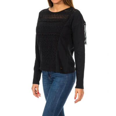 Image of Superdry Womenss Colorado Fringe Lace Tee G60002ON Long Sleeve Sweater Black Cotton Size X Small