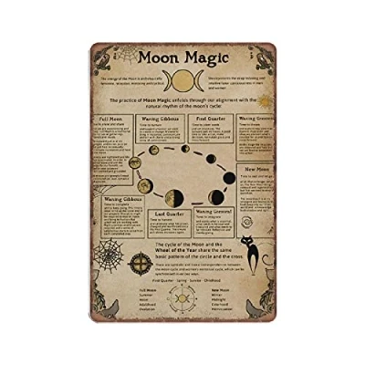 Image of DAIERCY Witchcraft Knowledge Moon Magic Tin Signs, Witch Art, Gift, Funny Vintage Metal Sign Plaqu Poster Wall Art Pub Bar Kitchen Garden Bathroom Home Decor, 140x200 mm