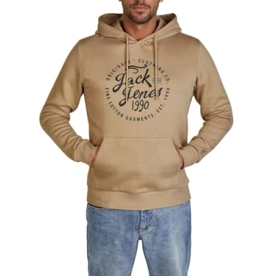 Image of JACK &amp; JONES JJEADRIAN Men&#039;s Regular Fit Hoodie Pullover Sweater Print Black Grey Green Brown Beige Blue S M L XL XXL 3XL, Crockery, 3XL