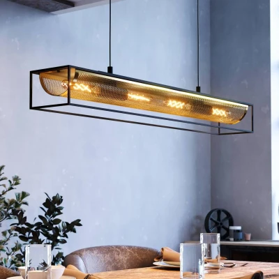 Image of Eglo Pendant Lighting Nohales, 4 lamp Ceiling Light Fitting for Dining Room, Rectangular Hanging Made of Metal in Black and Brass Finish, E27 Socket, 44&quot;
