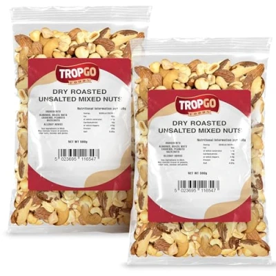 Image of Tropgo Roasted Unsalted Mixed Nuts 500g Pack of 2 Packed Fresh, Healthy with Fibre, Protein, and Minerals Perfect for Snacking Includes Almonds, Brazil Nuts, Cashews, Peanuts, &amp; Hazelnuts