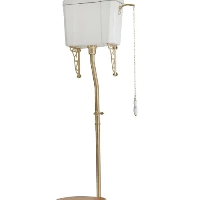 Image of Milano Elizabeth Traditional Bathroom High Level Cistern Toilet WC Flush Pipe, Bracket, Pull Chain and Ceramic Handle Kit Brushed Brass