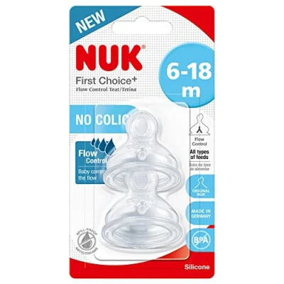 Image of NUK First Choice+ Teats for Baby Bottles 6 18 Months Flow Control Anti colic Vent BPA free 2 Count