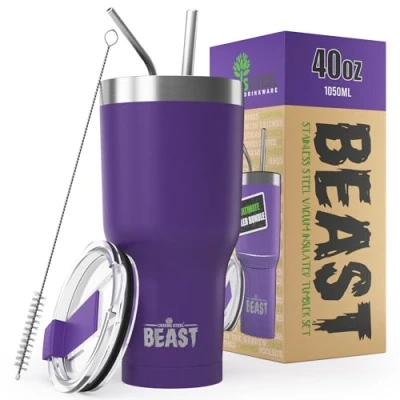 Image of Beast Tumbler 1100 ml (40 oz), Purple Reusable Stainless Steel, Vacuum Insulated Cup with + 2 Straws &amp; Cleaning Brush Double Wall Travel Flask Perfect for Hot or Iced Coffee BPA Free