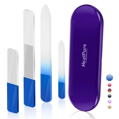 Image of Glass Nail File and Shiner 4PC Double Sided Etched Crystal Buffer Files Nano Polishers, Professional Salon Manicure Tools Kit for Acrylic Natural (Blue)