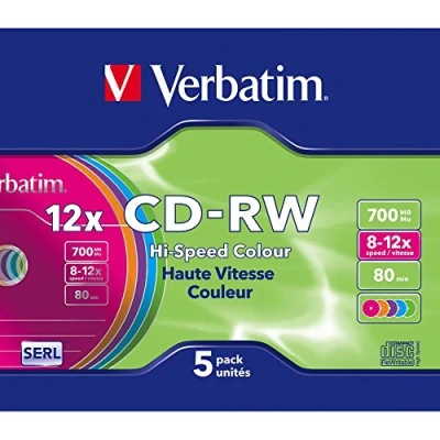 Image of Verbatim CDRW 80 (8x 12xx) 5pk Slim Jewel Case hi speed coloured