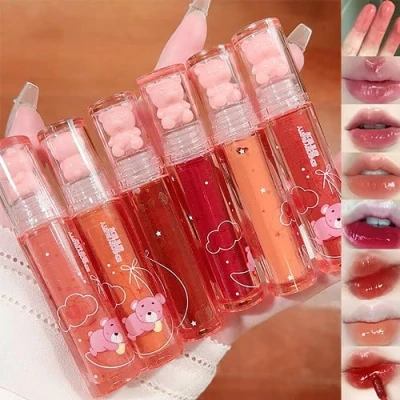 Image of 6 Colors Bear Hydrating Lip Gloss Liquid Lipstick Set Cute Jelly Moisturizing Sweet Glaze Beauty Makeup (A)