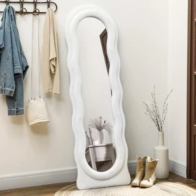 Image of HOMCOM Irregular Wavy Mirror Full Length, 160 x 50cm Free Standing, Leaning or Wall with Velvet Wrapped Frame and Arched Top for Living Room, Bedroom, White
