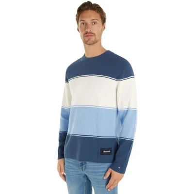 Image of Tommy Hilfiger Men&#039;s Crew Neck Knitted Jumper, Multicolor (Aegean Sea Multi), M