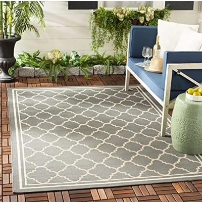 Image of Safavieh Trellis Rug for Indoor &amp; Outdoor Courtyard Collection, Short Pile, in Anthracite and Beige color, 160 X 231 cm