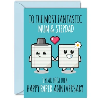 Image of Cute Paper Anniversary Card for Mum &amp; Step Dad 1 Year Together Happy 1st Wedding Cards Mum, A5 Greeting First Anniversaries
