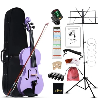 Image of Aileen 1/2 Violin for Kids Age 6 10, Half Size Children Fiddle Beginner Kit, Purple Starter Set School with 13 Accessories, including Music Stand, Exclusive New Fingerboard Sticker, Mute
