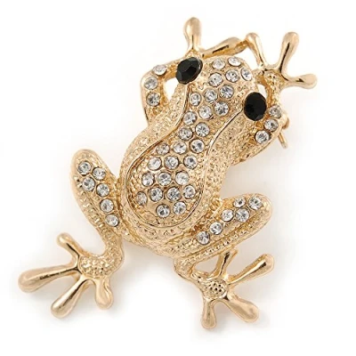 Image of Avalaya Gold Plated Clear/Black Crystal Frog Brooch 50mm L