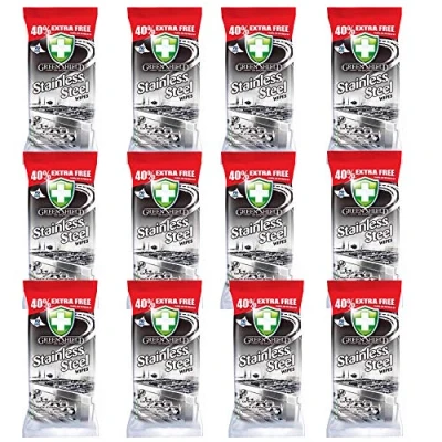 Image of Green Shield Stainless Steel Wipes 12 Packs of 70 = 840 Cuts Through Kitchen Grease, Removing Stains for Appliances