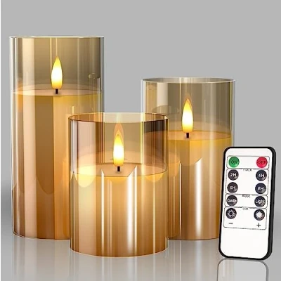 Image of Glass Battery Operated LED Flameless Candles with Remote and Timer, Real Wax Warm Color Flickering Light for Festival Wedding Home Party Decor(Pack of 3) Gold