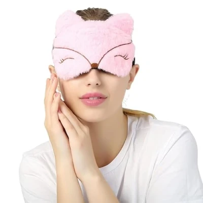 Image of Kids Fluffy Animal Eye Mask for Sleeping [Pink Fox]