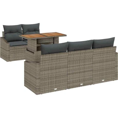 Image of vidaXL 6 Piece Garden Dining Set with Cushions Grey Poly Rattan Acacia