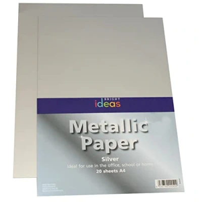 Image of Bright Ideas Metallic Paper Silver. Sheet Size: A4. 29.7cm x 21cm, Pack of 20. 135gsm Stationery for Arts and Crafts, Ideal Schools, Home Crafting Kids Scrapbooking. BI0004.