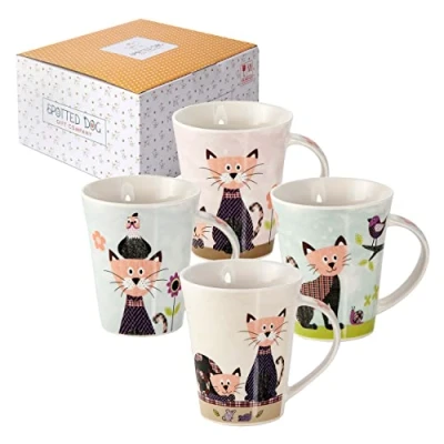 Image of Spotted Dog Gift Company Cat Mugs for Lovers, Mug Set of 4 Ceramic China Coffee Tea Mugs, Large 12oz Cup, Fun Cats Themed Designs with Box, Gifts Animal Lovers Women Men