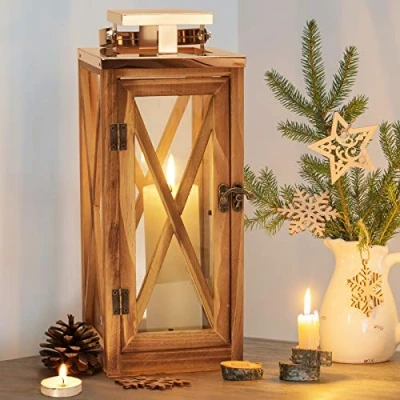 Image of XRKITE Wooden Candle Lantern Holder Decorative, Patio Decor with Stainless Top and Glass, Hurricane for Indoor Outdoor, Home, Garden, Wedding