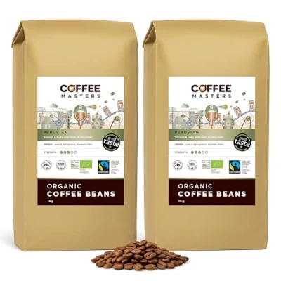 Image of Coffee Masters Peruvian Beans 2kg (2x1kg) Organic Fairtrade Single Origin Arabica Roasted in the UK Ideal for Espresso Machines Great Taste Award Winner