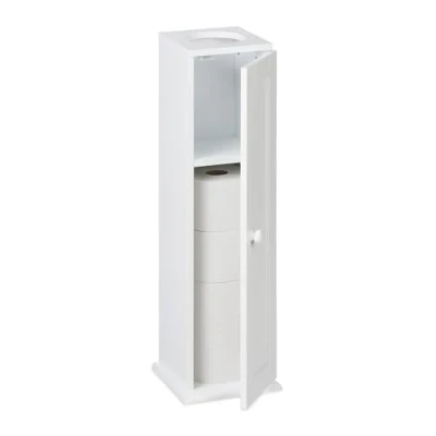 Image of Relaxdays Bathroom Cabinet, Toilet Roll, Free standing, Wooden, Storage, 2 Shelves, HxWxD: 65x19.5x19.5 cm, MDF, White, Fibreboard, 65 x 19.5 cm
