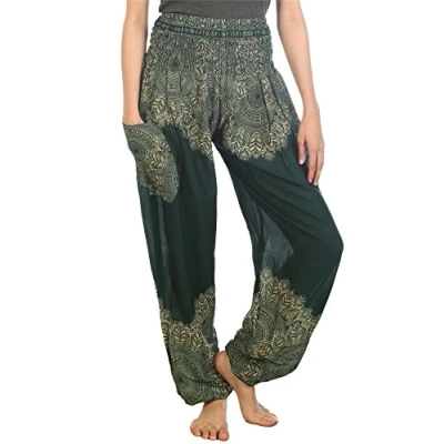 Image of Lofbaz Harem Pants for Women Hippie Boho Festival Clothing Bohemian Trousers Yoga Beach Summer Smocked Waist with Pockets Floral 1 Dark Green 4XL Plus
