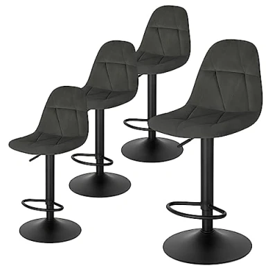 Image of Lestarain Bar Stools Set of 4 Adjustable &amp; Swivel Breakfast Kitchen Counter Pub Dark Grey Soft Velvet Barstools Chairs Dining with Backs Footrest