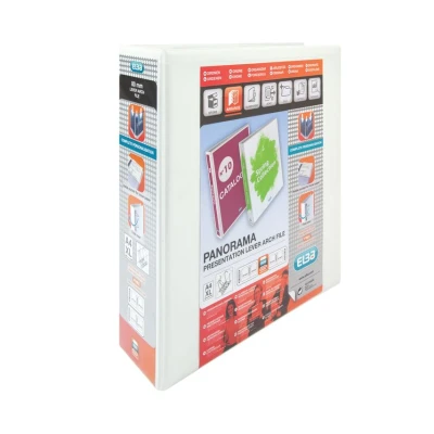 Image of Elba A4 2 Ring Lever Arch File, 56mm capacity, 90mm spine, Presentation Folder with Customisable Cover, Portrait, White (Pack of 5)