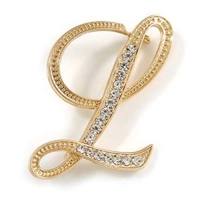 Image of &#039;L&#039; Gold Plated Clear Crystal Letter L Alphabet Initial Brooch Personalised Jewellery Gift 45mm Tall