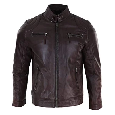 Image of Mens Biker Zip Jacket Real Leather Casual Light Short Classic Retro Motorcycle Brown 4XL