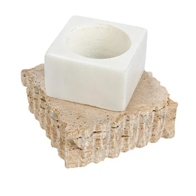 Image of Bloomingville Decorative Marble and Travertine Candle Holder, White Natural