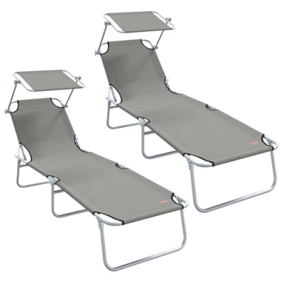 Image of vidaXL Folding Sun Loungers 2 pcs with Canopy Grey 600D Oxford Fabric