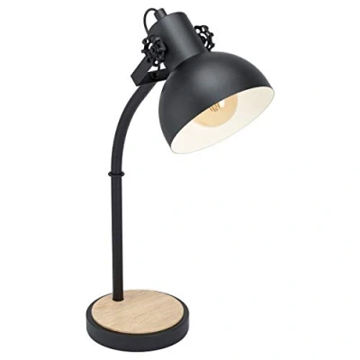 Image of Eglo Lubenham Table lamp, 1 Flame Vintage lamp in Industrial Design, Retro Bedside Made of Steel and Wood, Colour: Black, Brown, Socket: E27, incl. Switch