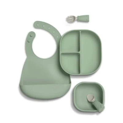 Image of Mamas &amp; Papas 4 Piece Silicone Weaning Starter Kit, BPA Free, Baby Plate and Bowl with Suction, Cutlery Adjustable Bib for Ages 6 18 Months Kiwi