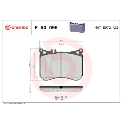 Image of 0004203305, 0004204404, 0064205020, 0064209320, 0074203320 Brake pad set BREMBO P 50 095 prepared for wear indicator without accessories