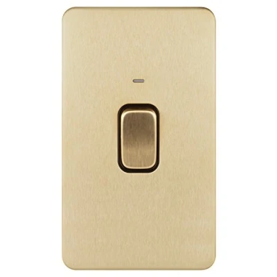 Image of Schneider Electric Lisse Screwless Deco Double 1 Way Light Switch, with Neon Indicator, Pole, 50A, GGBL4021BSB, Satin Brass Black Insert