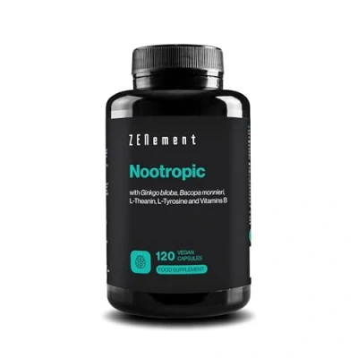 Image of Nootropic, with Ginkgo Biloba, Bacopa, Green Tea, Tyrosine and B vitamins, 120 Capsules Memory, Concentration, Clear Thinking Vegan, Additive Free, Allergen Non GMO Zenement