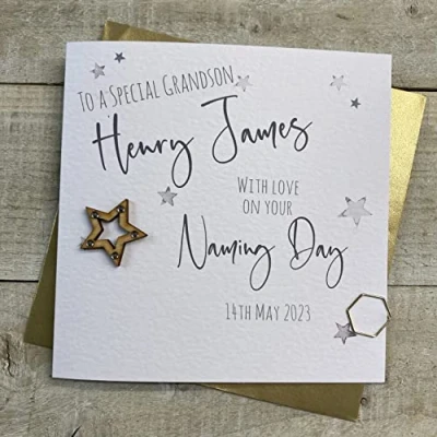 Image of WHITE COTTON CARDS PERSONALISED NAMING DAY CARD. GRANDSON. ANY RELATION. SILVER WOODEN STAR DESIGN. Handmade (P22 76 GS &amp; XP22 GS)