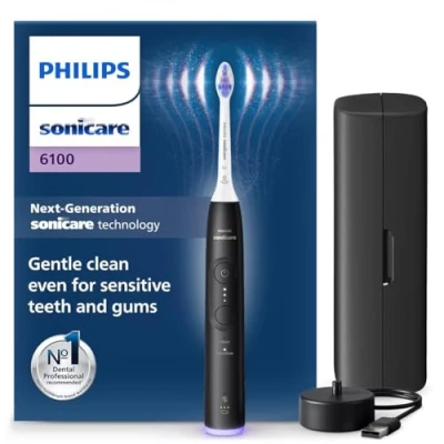 Image of Philips Sonicare 6100 Electric Toothbrush, Sonic Toothbrush with 2 Brushing Modes and 3 Intensity Levels, Pressure Alert, EasyStart, SmarTimer BrushPacer, Black, Model HX7401/07 [New Technology]