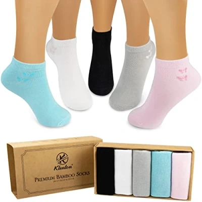Image of Womens Trainer Bamboo socks, Low Cut Ladies Casual Ankle Socks with Smooth Toe Seam, Breathable Sneaker in Planet Friendly Packaging, Pack of 5, Size UK 4 7 (Black, Grey, Blue, Pink, White)