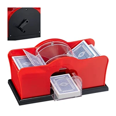 Image of Relaxdays 10031555 card mixer, 2 decks, crank, manual mixer for playing cards up to 91 mm, plastic, red/black