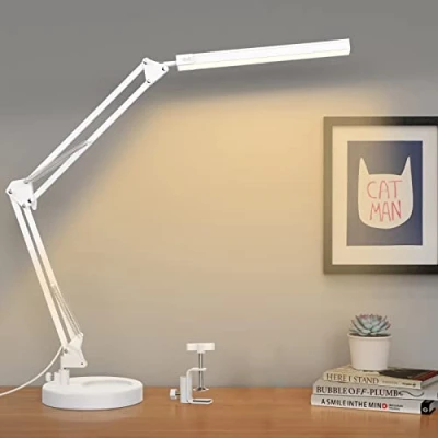 Image of SKYLEO LED Desk Lamp with Clip and Base Eye Protection Lamps for Study Swing Arm USB Office 3 Light Modes x 10 Brightness Levels 5V/2A Adapter White