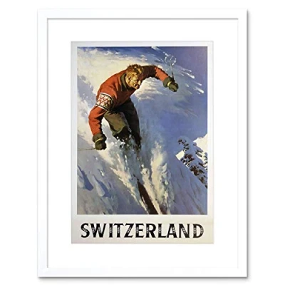 Image of Wee Blue Coo Travel Winter Sport Skiing Snow Skiier Switzerland Vintage Framed Wall Art Print