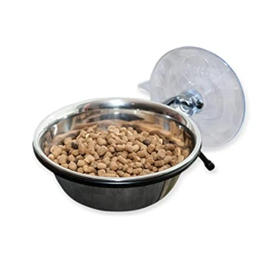 Image of K&amp;H PET PRODUCTS EZ Mount Up and Away Kitty Diner Cat Food Bowl that Mounts to Windows Stainless/Black 12 Ounces